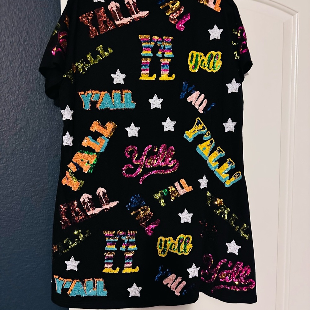 QUEEN OF SPARKLES Sequin 'Y'all' Graphic Short Sleeve DRESS XLarge—worn o- Black